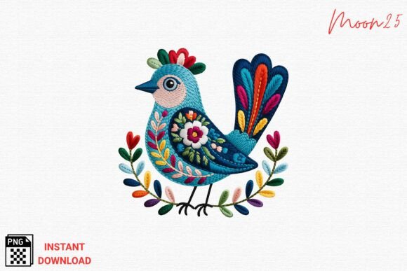 Folk Art Bird Embroidery Style PNG Review for Small Business Branding